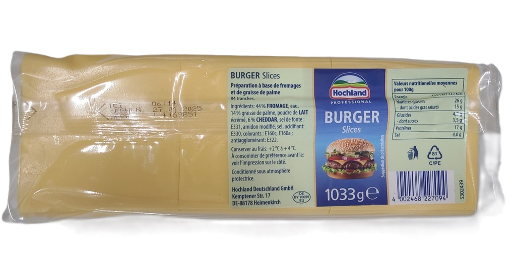 HOCHLAND BURGER SLICES CHEDDAR X 1.033 KG